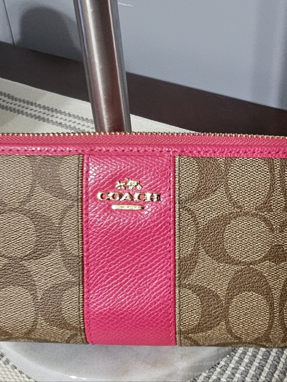 Coach Signature Canvas Wristlet with Pink Trim